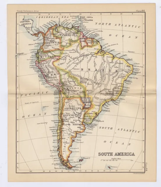 1888 Original Antique Map Of South America / Brazil Argentina Ecuador Chile