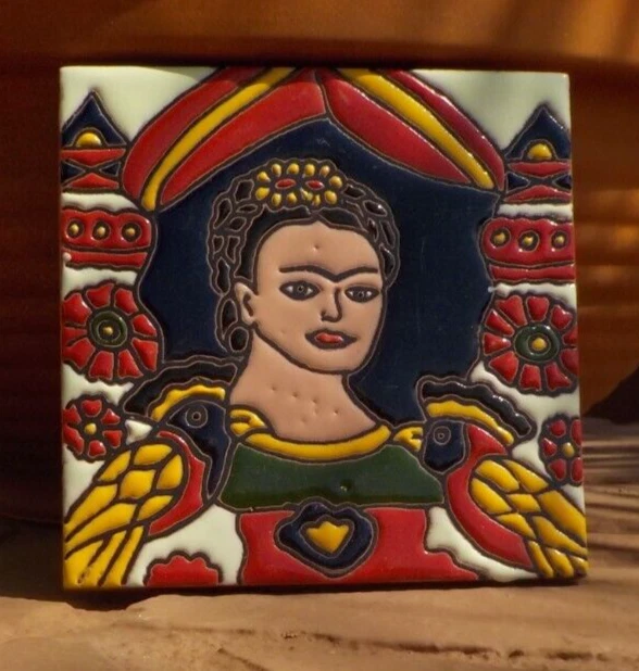 DAY OF THE DEAD FRIDA KAHLO W/ BIRD RED TILE 4 IN x 4 IN TALAVERA MADE IN MEXICO