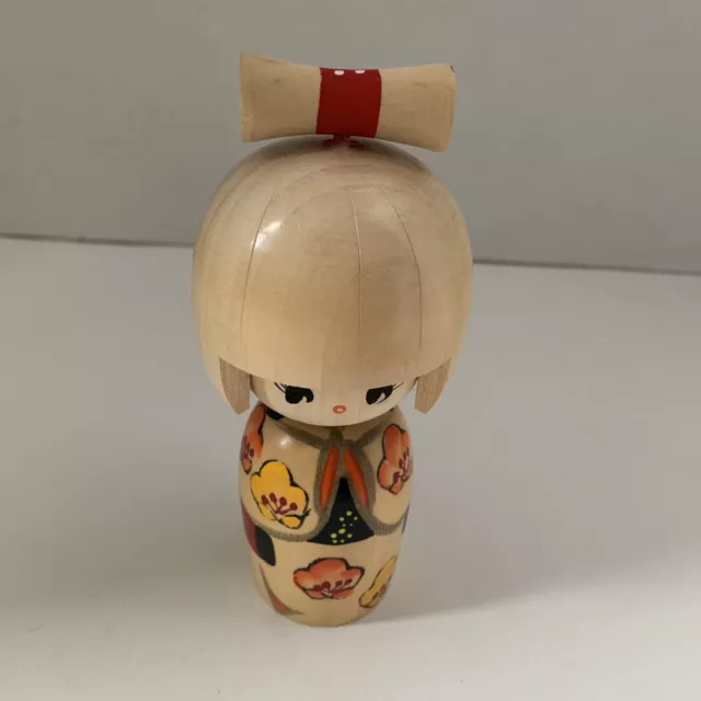 vtg Japanese KOKESHI Doll SOSAKU yellow orange floral kimono (B) (see discript)