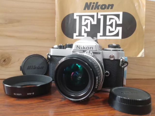 "Almost MINT w/ Hood" Nikon FE 35mm Film Camera & Ai 28mm F2.8 Lens from JAPAN