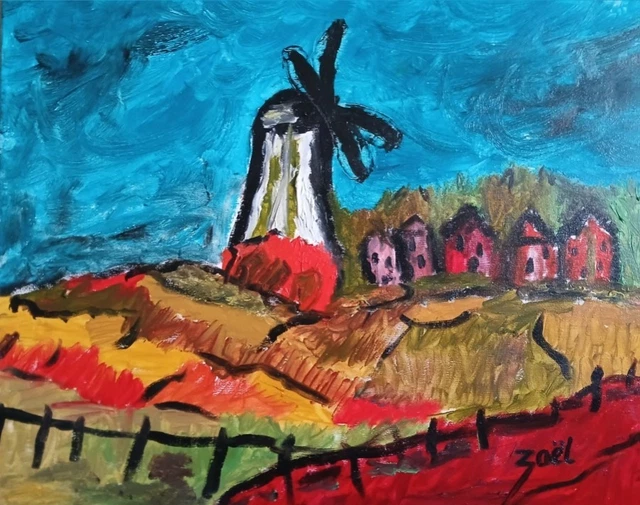 Tableau Original De ZAEL - "Fillette En Bleu", Huile Sur Toile, Art Naïf, Signé