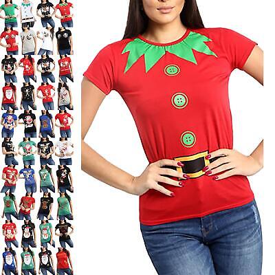 Ladies Womens Christmas Xmas Elf Belt Buttons Costume Cap Sleeve Top Tee Shirt