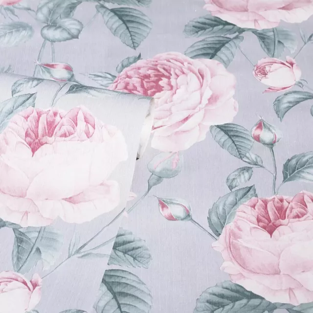 Arthouse Vintage Rose Grey Pink Floral Textured Giltter Vinyl Wallpaper 251907