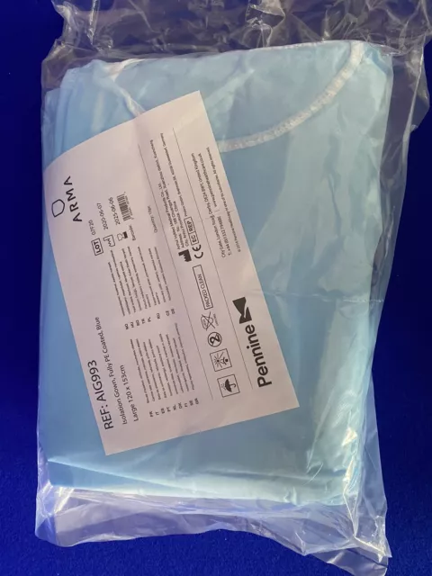 NEW Long Sleeve Isolation Gown Fully PE Coated, Blue Large 120 x 153 cm x 30