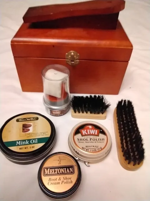 Vintage Wooden Shoe Shine Box Polishes Brushes & Shoe Polish, Mink Oil
