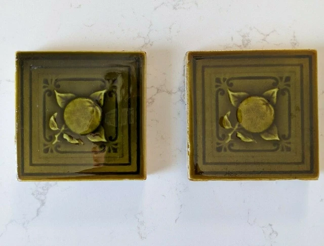 Lot of Two Antique Victorian Tiles: Orange and Leaves in Olive