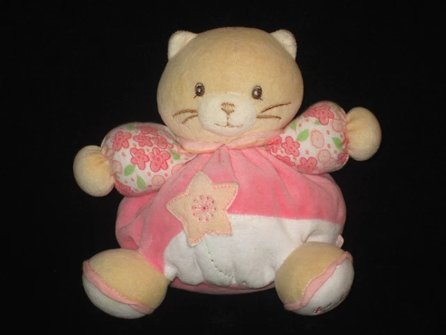 Doudou hochet grelot boule Chat beige blanc rose fleurs étoile Kaloo 18 cm