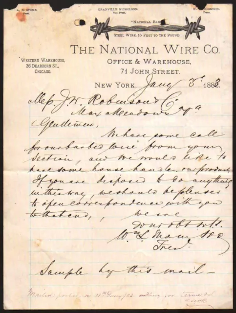 1882 Barbed Wire - National Wire Co - New York A B Stone - Rare Letter Head Bill
