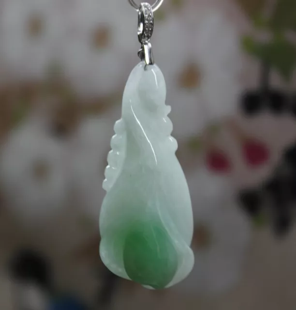 Certified Natural Jade Grade A Beautiful Green Jadeite Carved Flower Pendant