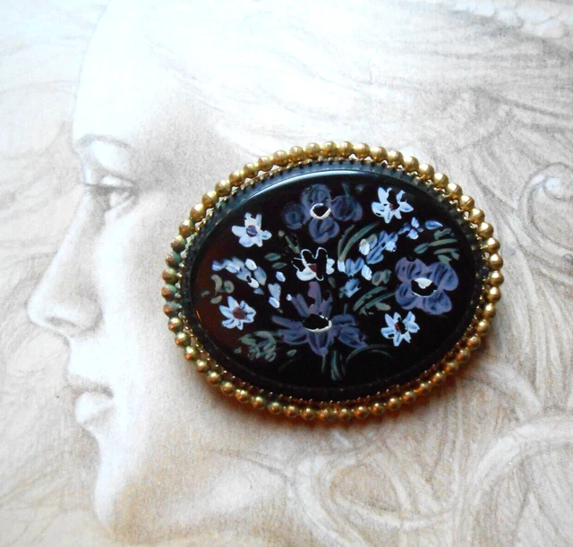 Broche Vintage Années 1930 – Avec Miniature De Fleurs Peinte, Occasion, état à Vérifier