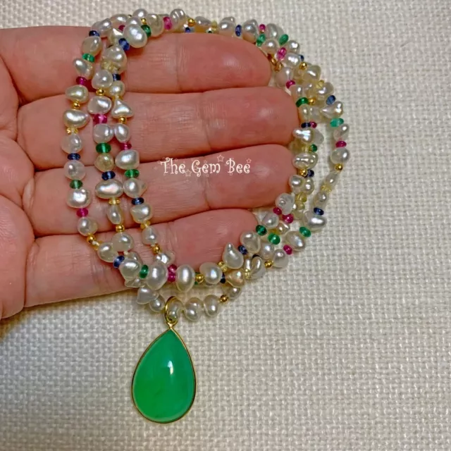 18k gold Keishi Pearl Emerald Ruby Sapphire 22" Necklace Chrysoprase Pendant