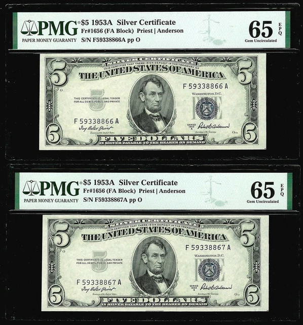 (2) 1953 A $5 Silver Certificate Blue Seal Consecutive Notes Pmg Gem Unc 65 Epq