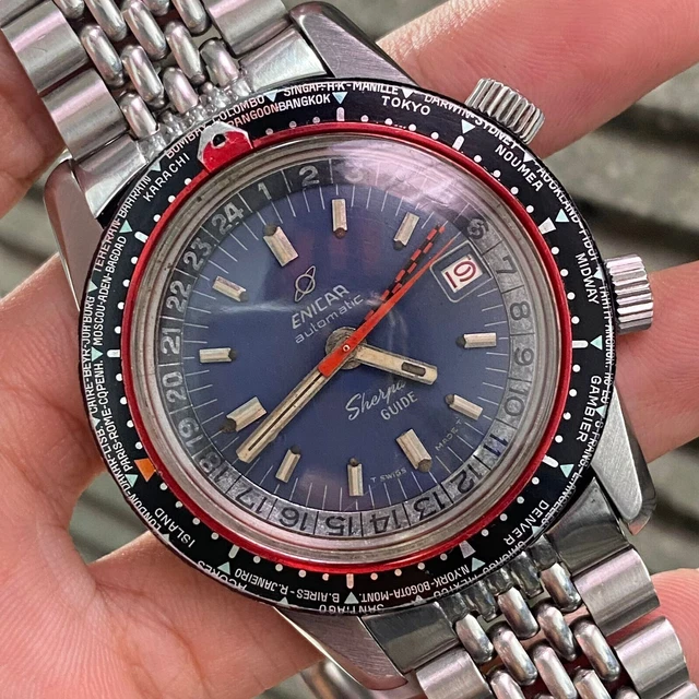 MONTRE VINTAGE SUPER RARE Enicar Sherpa Guide 600 GMT heure