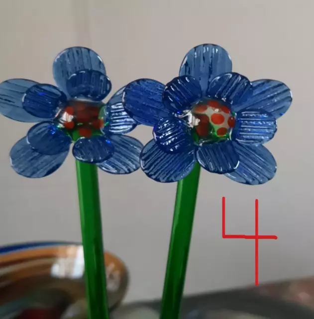 4 Art Glass Flower Venetian Figurine Murano Style #4 Cobalt Blue W Red Spots