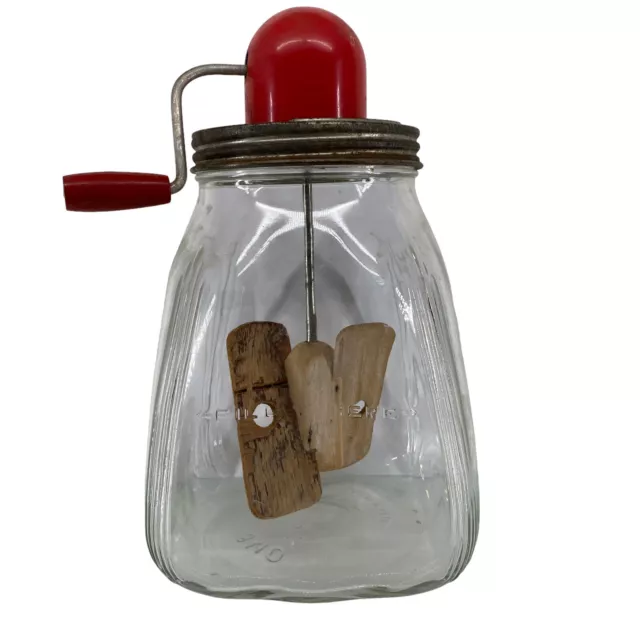 Vintage Dazey Crank Butter Churn Glass Red Bullet Top Wood Paddle No 8 Farmhouse