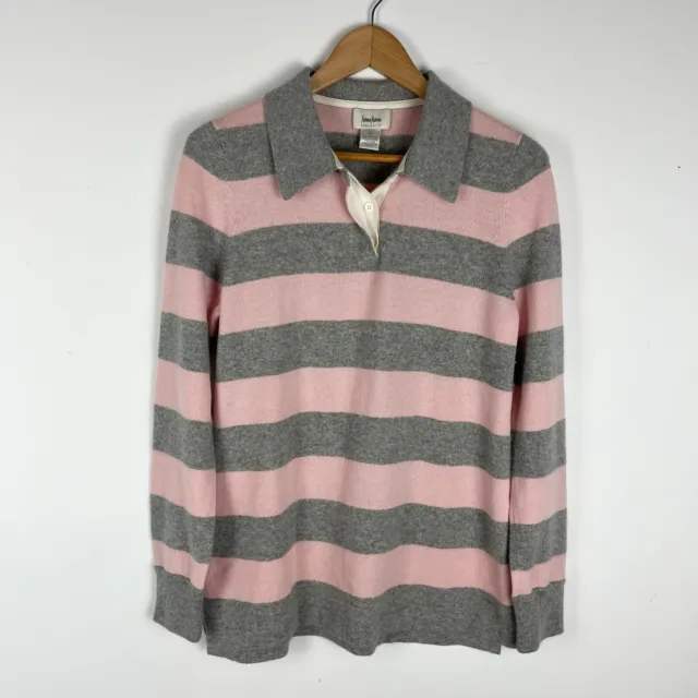 neiman marcus cashmere sweater women’s Pink Gray Striped V Neck Collar Large