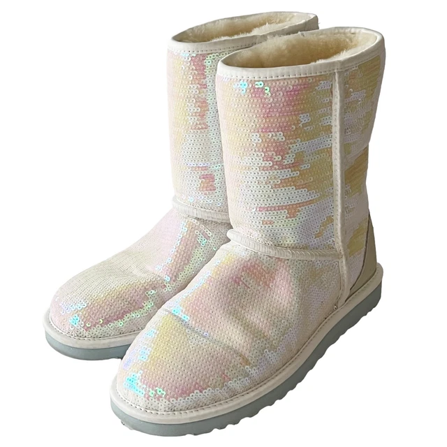 UGG Women's "I Do" Classic Sparkly Mid Boot Sequins Iridescent White Sz 9 Clean!