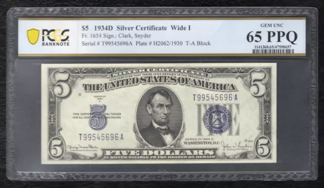 Fr. 1654 1934-D $5 Wide I Silver Certificate Pcgs Banknote Gem Unc-65Ppq (I)