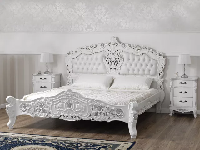 Cama matrimonial Diamond estilo Rococó Moderno King Size blanco lacado lúcido...