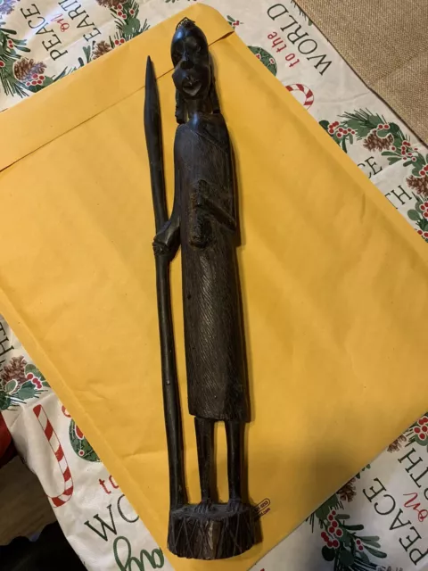 Hand Carved Ebony Wood Solid Piece African Art Tribal Male Spear Statue Unique