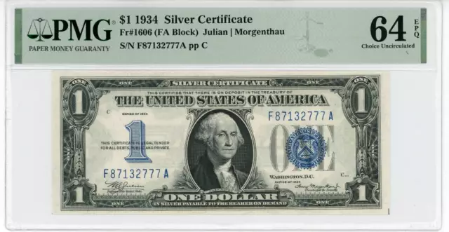 NobleSpirit No Reserve US Fr 1606 1934 $1 Blue Silver Certificate PMG 64