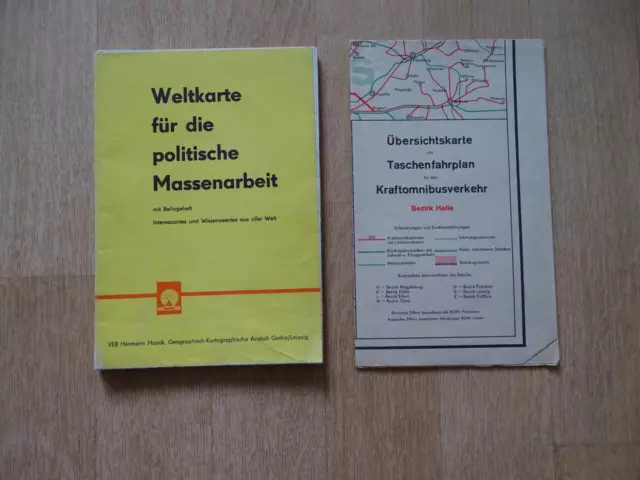 Karte Busverkehr Bezirk Halle + Weltkarte f politische Massenarbeit aus DDR-Zeit