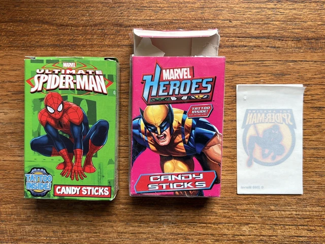 MARVEL CANDY STICKS BOXES HEROES (WOLVERINE) and ULTIMATE SPIDERMAN, inc.  TATTOO £3.84