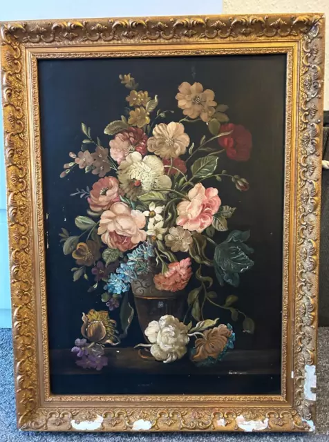 VICTORIAN ORIGINAL VINTAGE OIL PAINTING OF FLOWERS unsigned