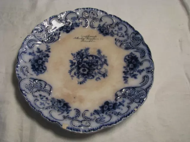 Antique Flow Blue 10" Plate Atherton Furniture Co. Brockton Wood & Son England