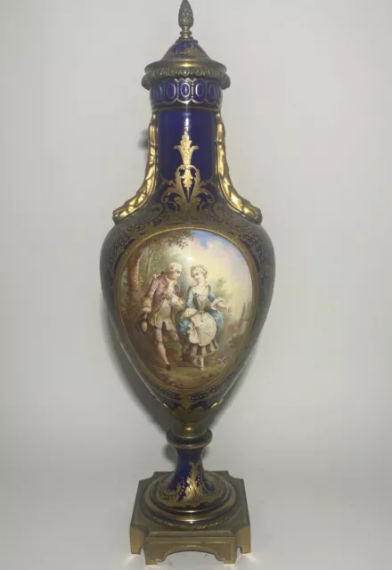 Sevres style porcelain vase urn 19th century blue ground french france