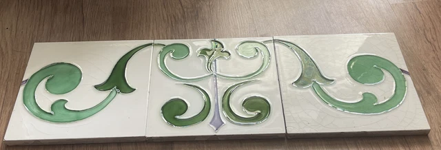 Unusual Run Of Three Art Nouveau Arts & Crafts Antique Pottery Tiles 3