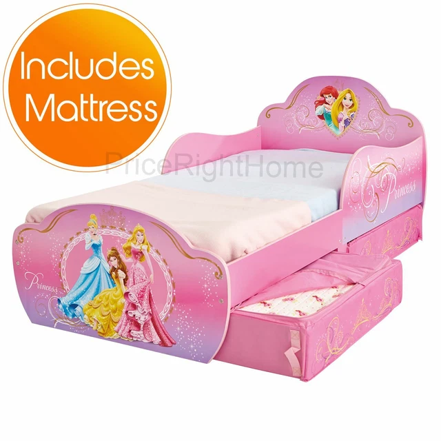 DISNEY PRINCESS TODDLER Bed With Storage + Fibre Mattress Childrens
