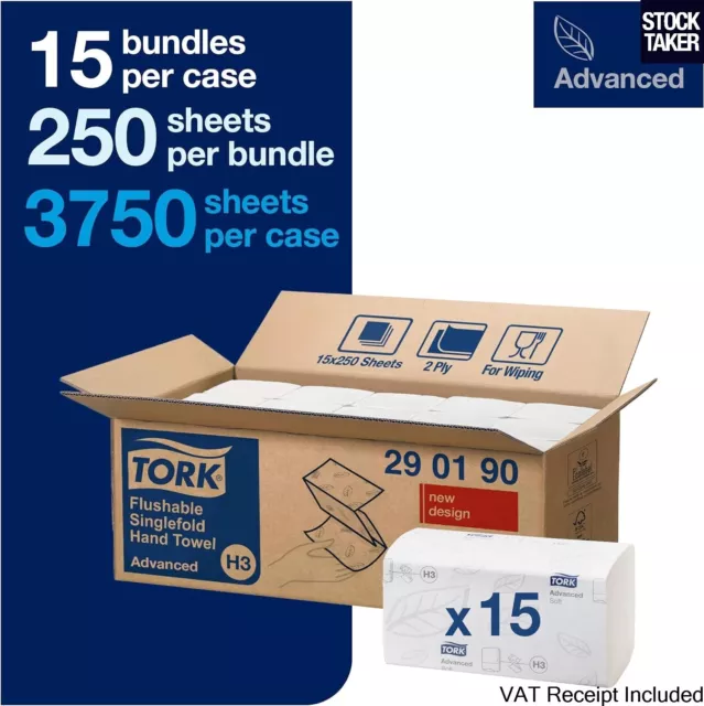 15-Packs) Tork 290190 Hand Towels H3 V-fold White 2-Ply Flushable Paper (VAT Inc