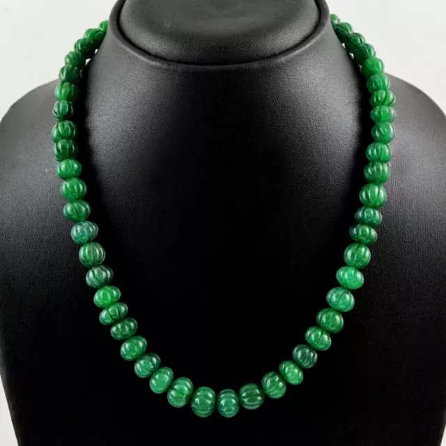 245.00 Cts Earth Mined Rich Green Emerald Round Carved Beads Necklace Strand