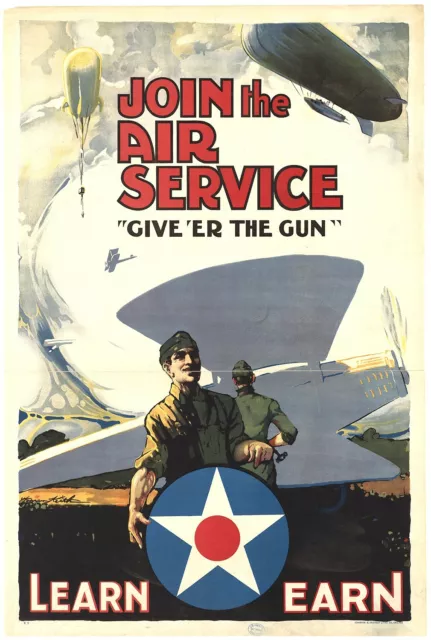 rustic wall decor Join the air service. Give 'er the gun 1918 world war poster