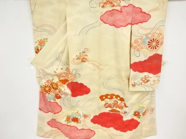 37293# Japanese Kimono / Antique Furisode / Embroidery / Shibori / Floral Plants