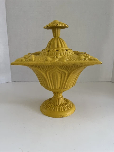 Hen Feathers Cast Iron Lidded Urn Yellow 11"