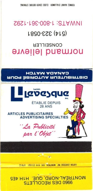 Montreal Quebec Canada Lucien Levesque Inc., Vintage Matchbook Cover