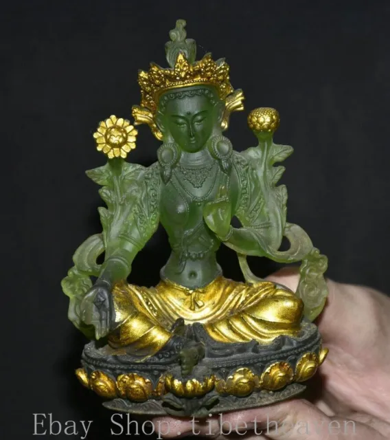 4.8” Old China Glaze Paintings Buddhism Green Tara Enlightenment Goddess Statue