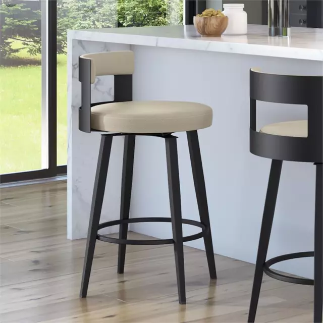 Amisco Paramont 26 In. Swivel Counter Stool - Greige Faux Leather / Black Metal