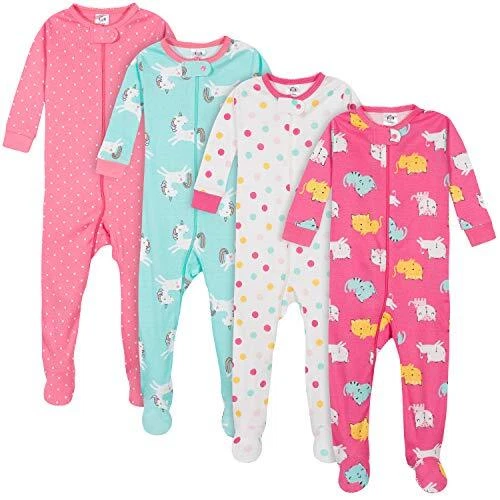 Gerber Baby Girls' 4-Pack Footed Pajamas, Unicorns Cats Pink, 12 Months Multi