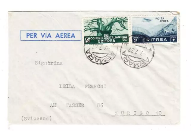 Eritrea ITALIAN-Sc#162,#C13-ASMARA 7/7/37-AIR MAIL TO SWITZERLAND-SCARCE USAGE