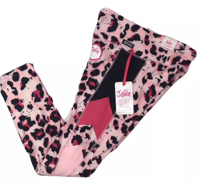 Justice Girls Leggings Pink Black Animal Print Tech Pocket Size L 12-14