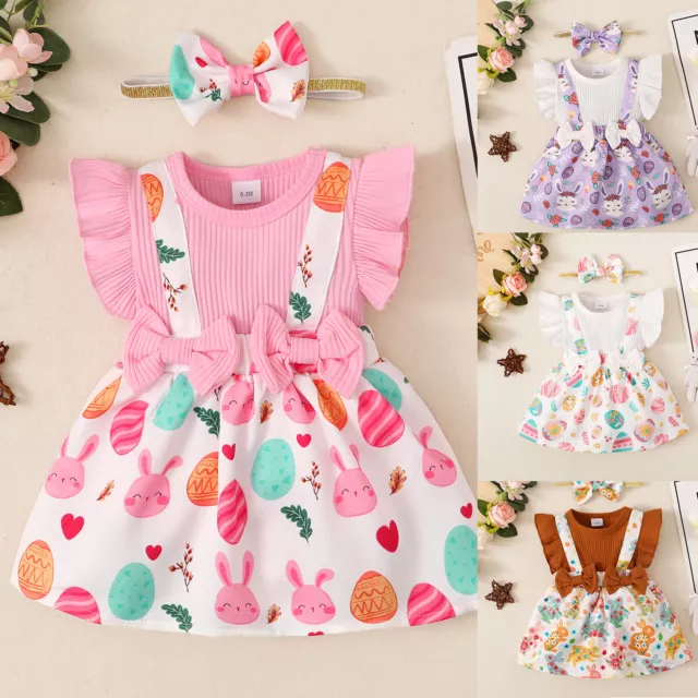 UK Newborn Baby Girls Ruffles Romper Floral Cute Bunny Outfits w/ Headband Set