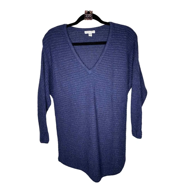 New York & Company Womens Long Sleeve V Neck Sweater Blue Metallic Size M