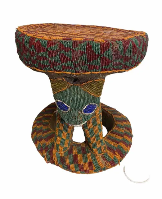 African Bamileke Beaded Throne Stool Table Cameroon Big Cat Animal Antique VTG