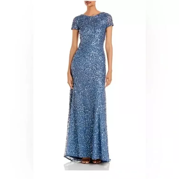 Adrianna Papell Scoop Back Sequin Gown With Short Sleeves in Dusty Nile Blue 6