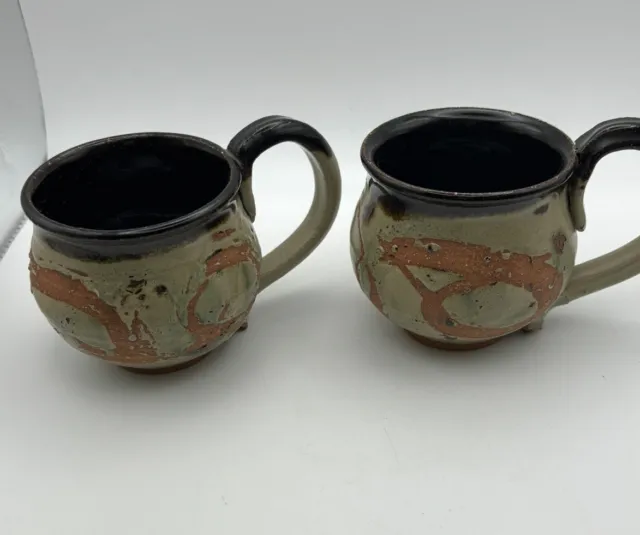 Pair of Unique Hand Thrown Studio Art Pottery Mugs Textured Artist Signed Loie