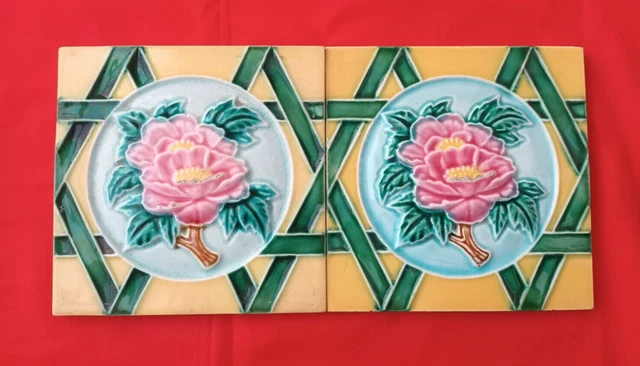 2 Piece Old Art Embossed Flower Design Majolica Ceramic Tiles Japan 0081