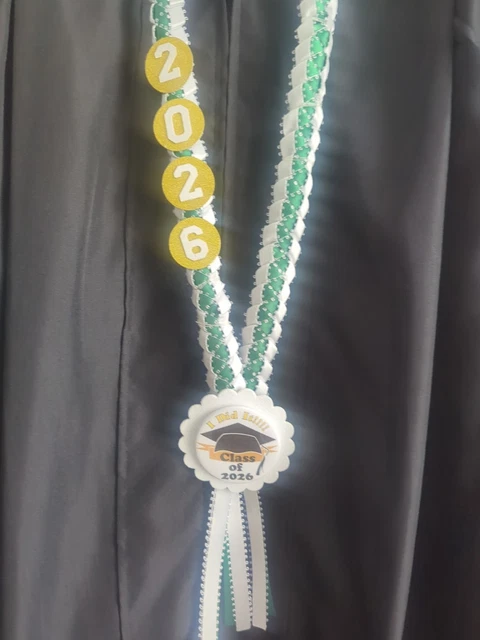 GRADUATION RIBBON LEI class of 2026 Forest dark green and feather white ...